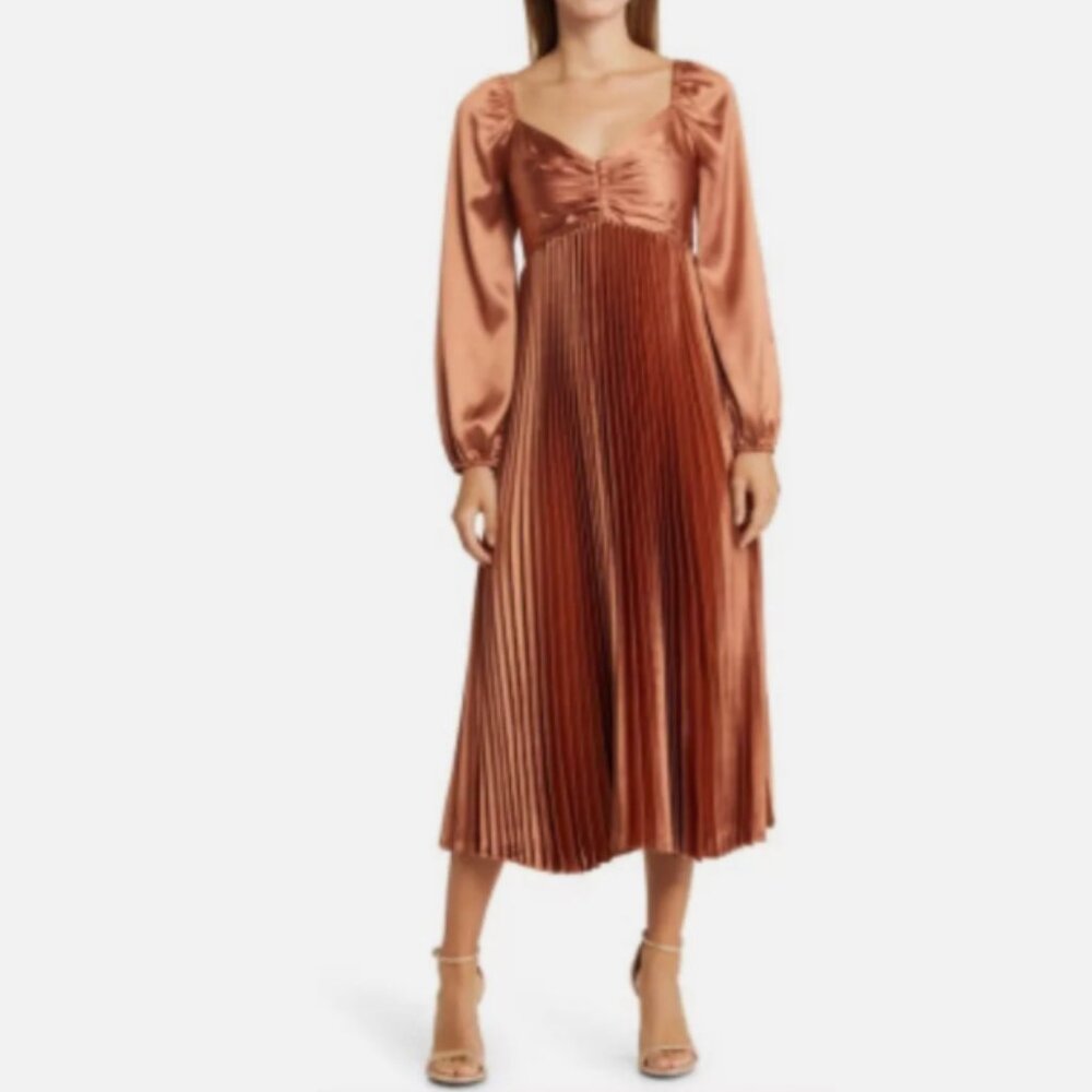 ZOE AND CLAIRE Long Sleeve Pleated Midi Dress in Sienna Size L NWT